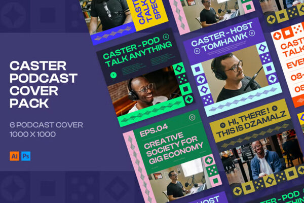 6款现代简约几何图形直播行业新媒体推广PSD/AI海报封面设计模板caster podcast cover pack-第2366期-