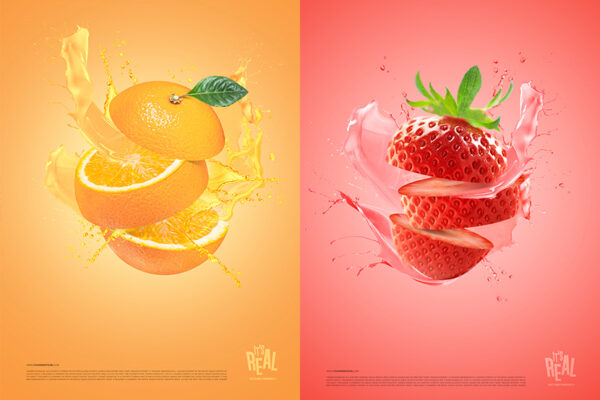 12款创意水果果汁飞溅液体新鲜切割饮料海报设计