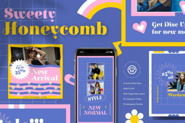 时尚丰富多彩品牌推广新媒体电商海报设计套件 Sweety Honeycomb Instagram Kit-第982期-