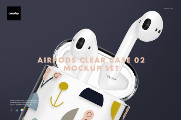 苹果蓝牙耳机AirPods透明收纳盒外观设计效果图样机模板02 AirPods Clear Case Mockup Set 02