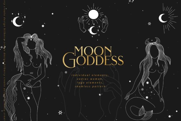 神秘⽉亮⼥⽣星球⽣肖⽮量图形素材 Moon Goddess Art Set-第989期-