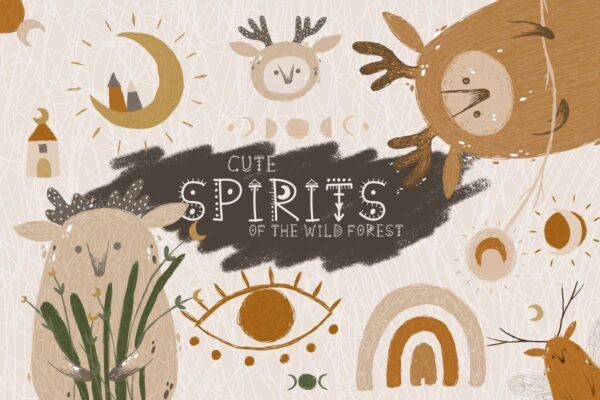 神秘卡通森林植物⽉亮太阳植物字体⼿绘⽆缝隙⽮量图案素材 Cute Spirits Of The Wild Forest