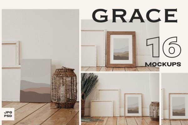 16个极简艺术品海报相片展示贴图木制相框样机模板素材 Grace Frames & Canvases Mockup