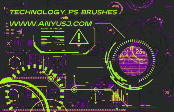 高科技科幻信息未来赛博机能数字HUD仪表盘效果元素PS设计装饰笔刷Technology PS Brush