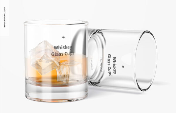 6款高级精致质感啤酒威士忌冰块透明玻璃酒杯酒瓶包装展示样机组合 11 oz whiskey glass cups mockup