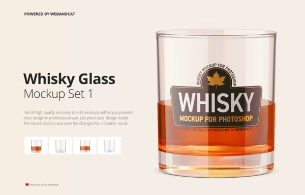 4款清透啤酒威士忌冰块透明玻璃酒杯酒瓶包装展示样机Whiskey Glass Mockup