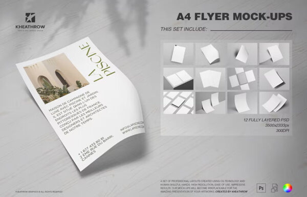 12款A4单页信纸海报传单设计效果展示Ps贴图样机素材A4 Flyer Mock-Ups