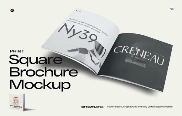 2款正方形杂志画册笔记本封面内页设计展示Ps贴图样机Square Brochure Mockup-第2477期-