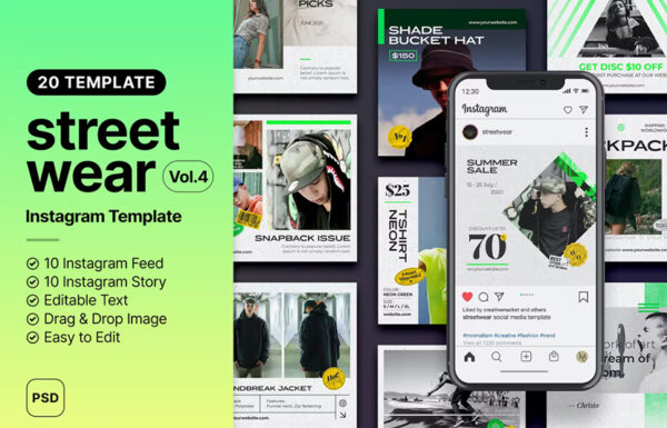 20款潮牌街头服装极简品牌新媒体推广PSD海报详情排版模板Streetwear Instagram Template Vol.4-第2501期-