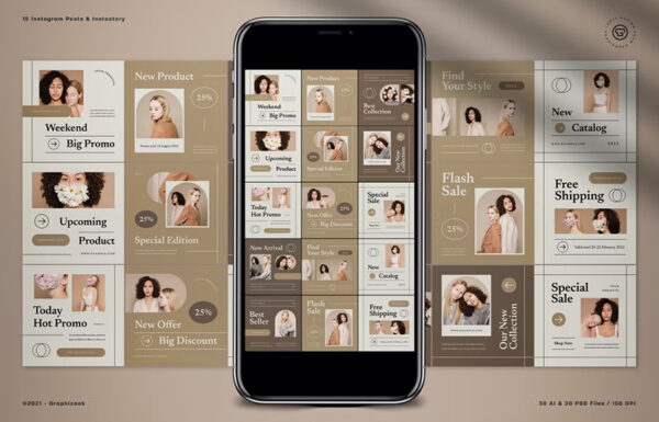 15款INS复古艺术简约时尚海报自媒体推文品牌推广详情排版设计Beige Fashion Sale Instagram Pack-第2518期-