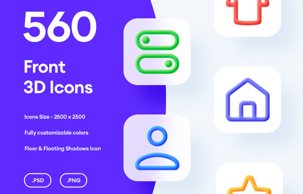 560款时尚卡通3D立体浮雕线性Icon通用网站图标设计Ps素材源文件 560 Front 3D Icons – PSD & PNG