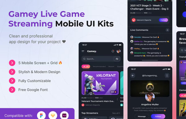 移动游戏APP应用界面UI设计布局排版设计包Gamey Live Game Streaming Mobile UI Kits Template