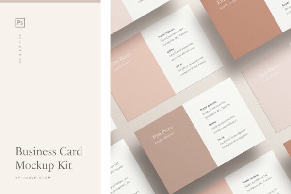 时尚质感艺术纸商务名片卡片Vi设计作品展示贴图Ps样机模板套装Business Card Mockup Kit