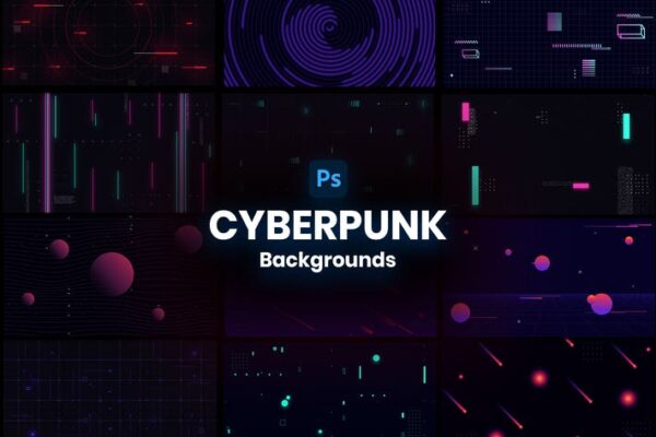 20款赛博HUD霓虹发光科幻未来机能正在下载加载符号标志图标排版​PSD源文件Cyberpunk Backgrounds-第2631期-