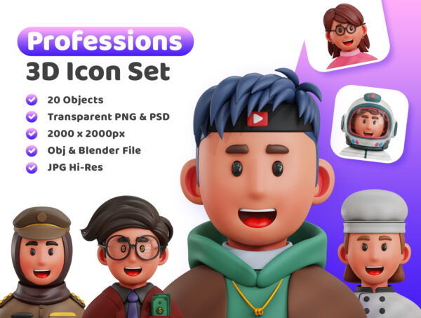 20款不同角色3D人物头像半身像趣味插画设计包3d Professions Icon