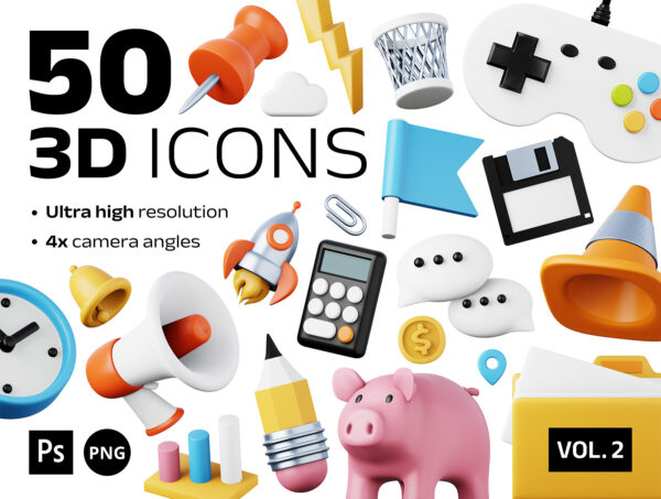50款质感卡通趣味办公室金融表情符号文具小工具3D图标设计包50 unique 3D icons Vol. 2 – Office