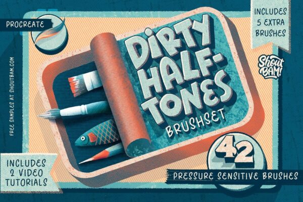 复古做旧肮脏半色调Procreate笔刷集合 (brushset)Dirty Halftones Brush Set