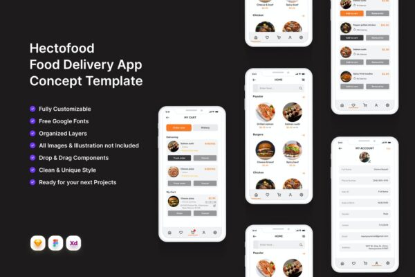 美食在线配送App UI Kit (SKETCH,XD,FIG)