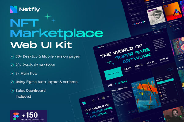 30+现代暗黑响应式网页界面设计模板套件 Netfly – NFT Marketplace Web UI Design Kit
