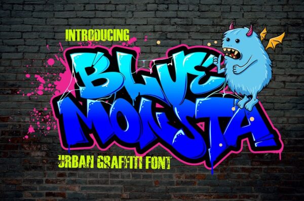 涂鸦嘻哈复古手写海报标题排版Logo徽标字体Blue Monsta – Cute Graffiti font-第2802期-