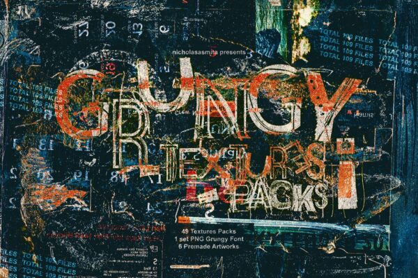 复古油墨街头艺术抽象手绘涂鸦拼贴做旧海报背景底纹图片设计套件Grungy Textures Packs-第2771期-