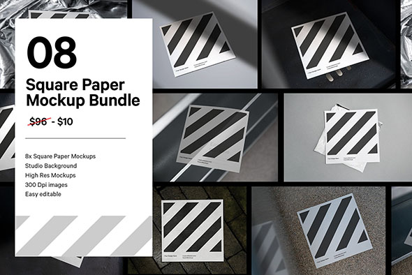 8款逼真正方形卡片单页海报设计贴图ps样机素材场景展示效果模板Square Paper Mockup Bundle-第1008期-