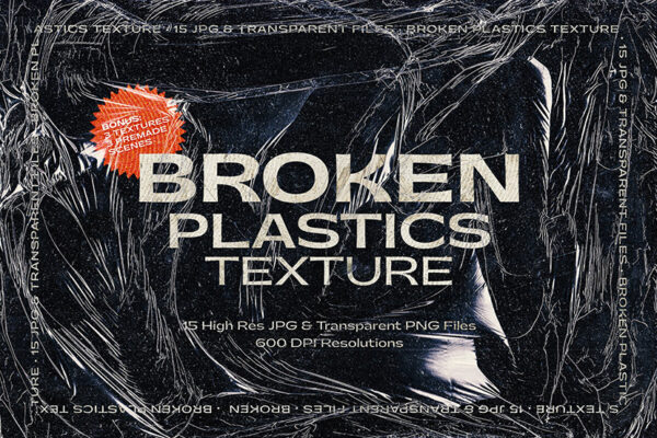 15款高清撕裂透明塑料保鲜膜胶带PNG复古肌理背景设计包Broken Plastics Texture-第2750期-
