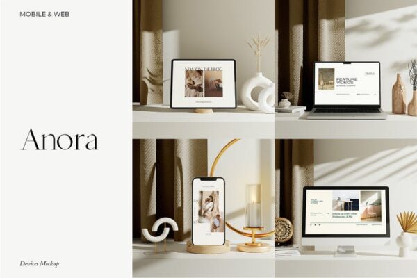 6款极简光影高级艺术电脑笔记本IPad平板显示器手机UI界面设计展示样机Anora – Devices Mockup-第2929期-