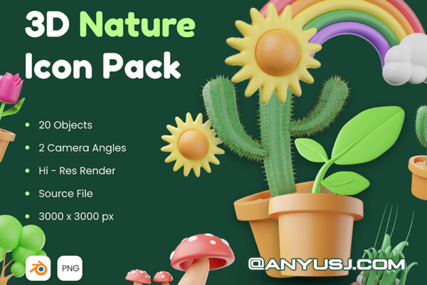 20款可爱3D立体大自然植物UI图标插画设计源文件合集3D Nature Icon Pack-第2913期-