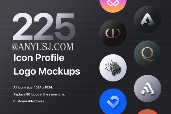 225款品牌VI标识logo图标icon设计金属渐变配色方案PS展示样机套件225 Icon Profile Logo Mockups – PSD-第2946期-
