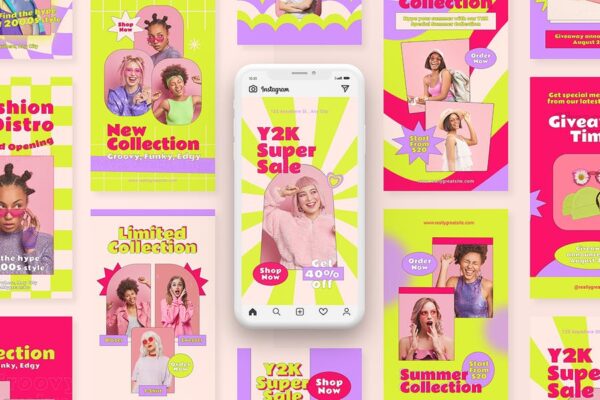 INS多彩时尚复古Y2K夏季品牌推广海报排版设计包Colorful Funky Y2K Fashion Promotion Instagram-第2901期-