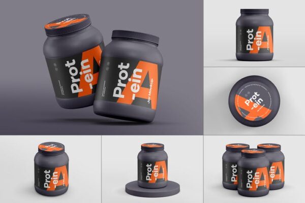 健身锻炼蛋白质粉密封罐产品包装设计作品贴图ps样机素材展示模板Protein Jar Mockup