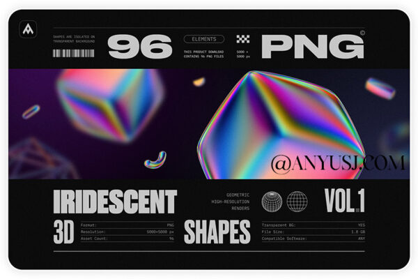 96款高清未来科幻全息镭射彩虹3D立体金属几何PNG设计套件Iridescent Geometric 3D Shapes Pack Vol.1-第3045期-