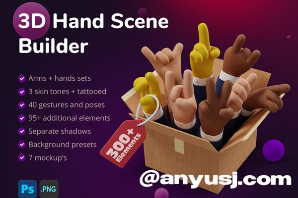 300+趣味手势3D插画PNG图形UI电脑手机设计展示样机组合套件3D Hand Scene Builder-第2994期-