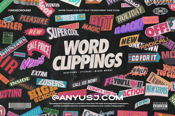 欧美复古蒸汽波风格英文字母标题撕纸杂志报纸剪贴画贴PNG图片设计套件Indieground – Word Clippings-第3012期-