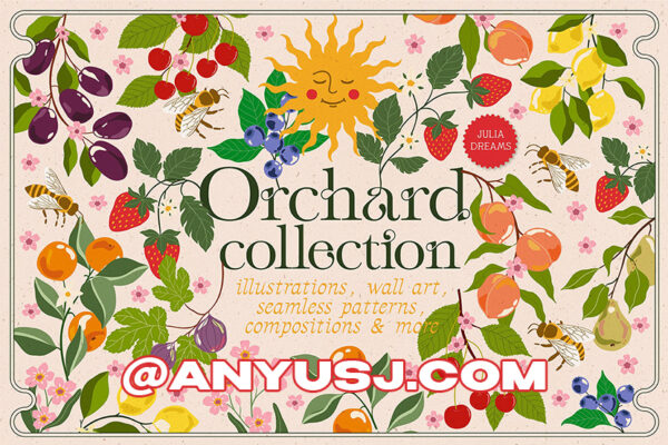 300+复古水果植物艺术插画无缝图案图形设计AI矢量套件Orchard Collection-第2930期-
