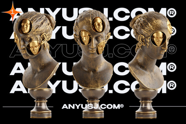 112张蒸汽朋克青铜3D立体欧洲抽象人物头像雕塑多角度PNG元素01号-第3208期-