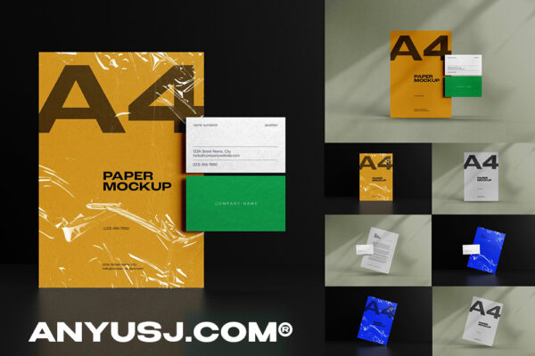 时尚质感塑料膜叠加名片单页信纸品牌logo设计展示贴图psd样 机模板 A4 Paper Stationery Mockups-第3189期-
