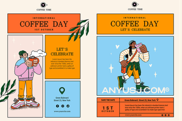 18套趣味咖啡品牌电商详情自媒体推文海报插画落地页排版合集-第3175期-