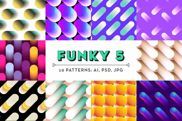 10款时髦复古80年代渐变圆点线粒体几何抽象图形图案背景设计包Funky Patterns 5