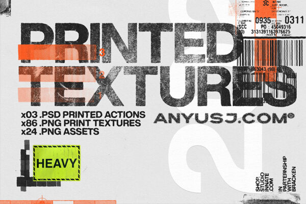 100+真实油墨印刷复古滚筒做旧打印肌理排版标记PNG特效PS动作肌理套件Printed Textures by Studio Innate-第3142期-