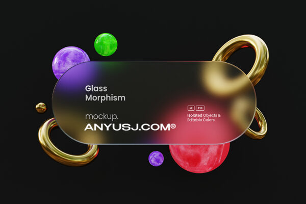 48款高级透明玻璃折射几何3D图形网页手机UI页面设计展示PS样机Frosted Glass Morphism Effects Mockups -第3097期-