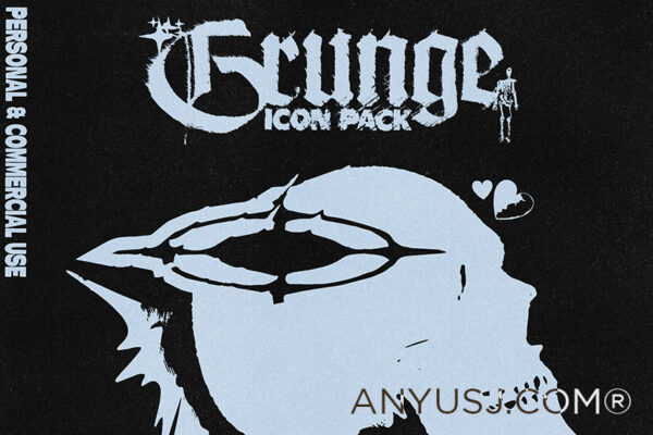 70+复古做旧摇滚音乐艺术抽象图形logo图标插画印花设计AI源文件HVNTER – GRUNGE ICON PACK-第3072期-