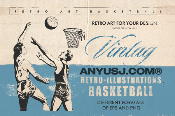 33款复古篮球运动系列手绘AI矢量插画套装Retro-Basketball-第3147期-