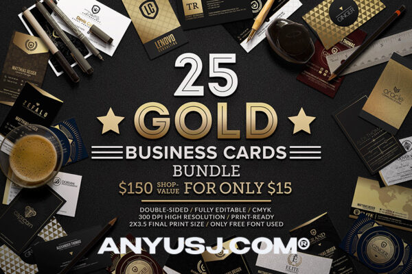 25款金色烫金质感精美名片PSD模板排版源文件非样机25 Gold Business Cards Bundle