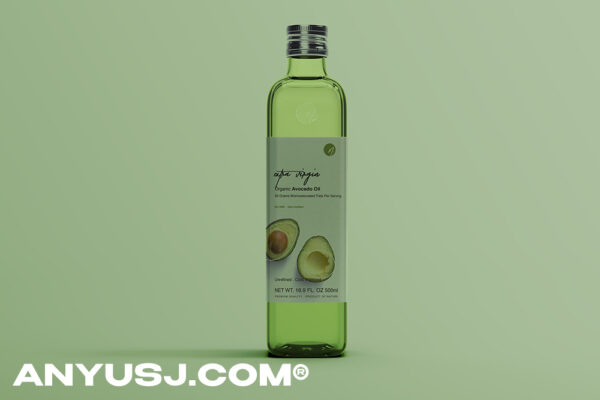 植物油芝麻油厨房食用油透明玻璃瓶包装贴图展示样机PSD模板 Avocado Oil Bottle Mockup