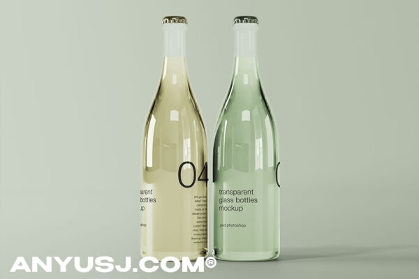 半透明玻璃瓶果汁饮料包装设计贴图展示样机PSD模板 Transparent Glass Bottles Mockup