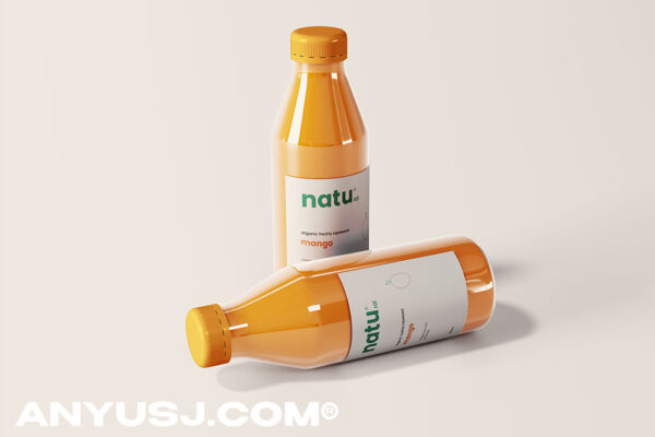 高质量果汁瓶玻璃瓶塑料瓶橙汁饮料快餐品牌包装设计样机PSD模板 Juice Bottle Packaging Mockup