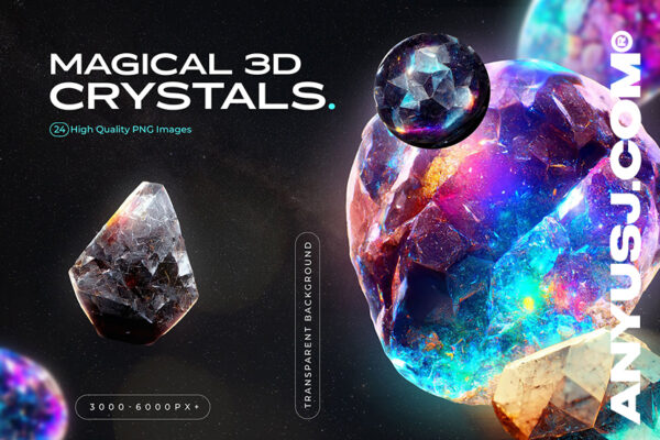 24款3D高清炫彩天然裸石彩钻宝石水晶钻石肌理PNG免扣设计元素3D Gems & Crystals Collection-第3152期-