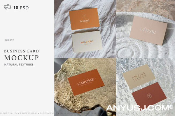 18款极简艺术光影反射真实名片卡片文创商务VI展示PSD样机组合Business Card Mockup Natural Texture-第3380期-